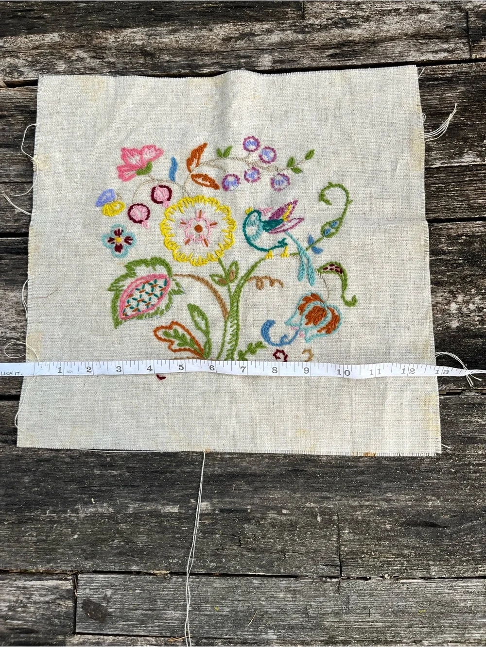 Vintage Finished Crewel Embroidery Fabric Square Bird & Floral Design (Unframed)